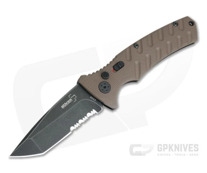 Boker Plus Strike Tanto Coyote Brown Auto Partially Serrated Black Stonewashed Blade 01BO425N