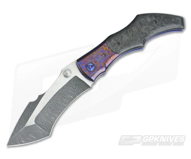 Alan Folts Curvo Folder Stainless Damascus Timascus Bolster Marbled Carbon Fiber