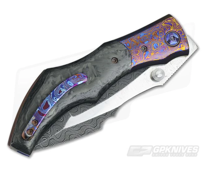 Alan Folts Curvo Folder Stainless Damascus Timascus Bolster Marbled Carbon Fiber - Image 2