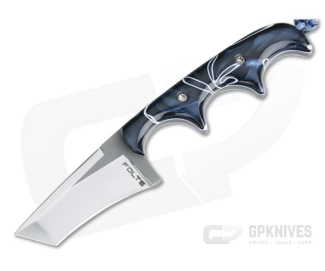 Alan Folts Custom Minimalist Tanto Neck Knife Polished Two-Tone CPM-154 Blue Kirinite Acrylic