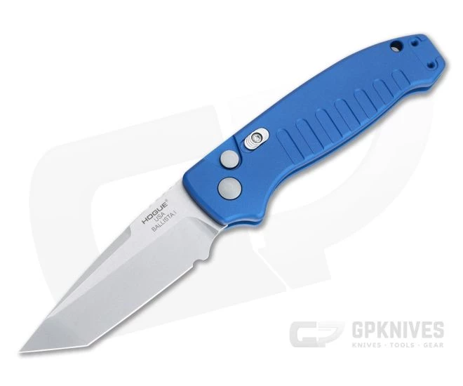 Hogue Ballista I Tanto Stonewashed 154CM Blue Aluminum Button Lock Automatic Folder 64123