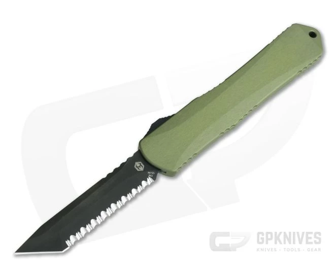 Heretic Knives Manticore-X Tanto Full Serrated Tumbled DLC Green OTF Automatic H031-6C-GREEN