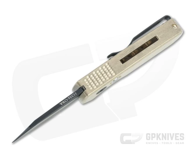 Protech Runt 5 Prototype Reverse Tanto Hand Ground Black DLC CPM-20CV Aluminum Bronze Automatic - Image 3