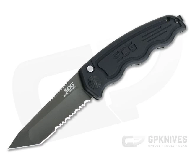 SOG SOG-TAC Mini Auto Tanto Black Serrated AUS-8 Aluminum Button Lock Automatic ST-13